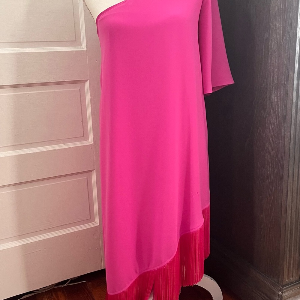 Trina Turk One-Shoulder Fuchsia Asymmetrical Fringe Dress
